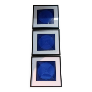 Optical Art Triptych - 3 Vintage Paintings - Victor Vasarely - Frames