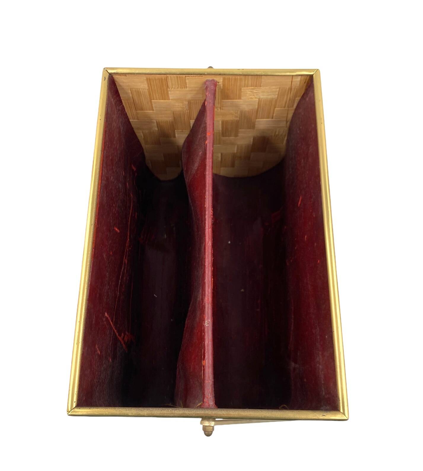 Hollywood regency brass and woven bamboo magazine rack, Metal Linea Nova Italy 1970