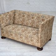 1950s, Danish 2-seater sofa, beige/ brown furniture fabric, oak wood.