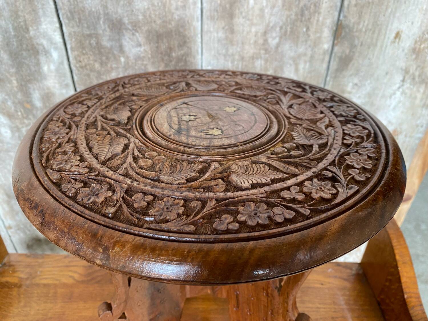 Antique tripod coffee table carved wood & brass inlaid india vintage