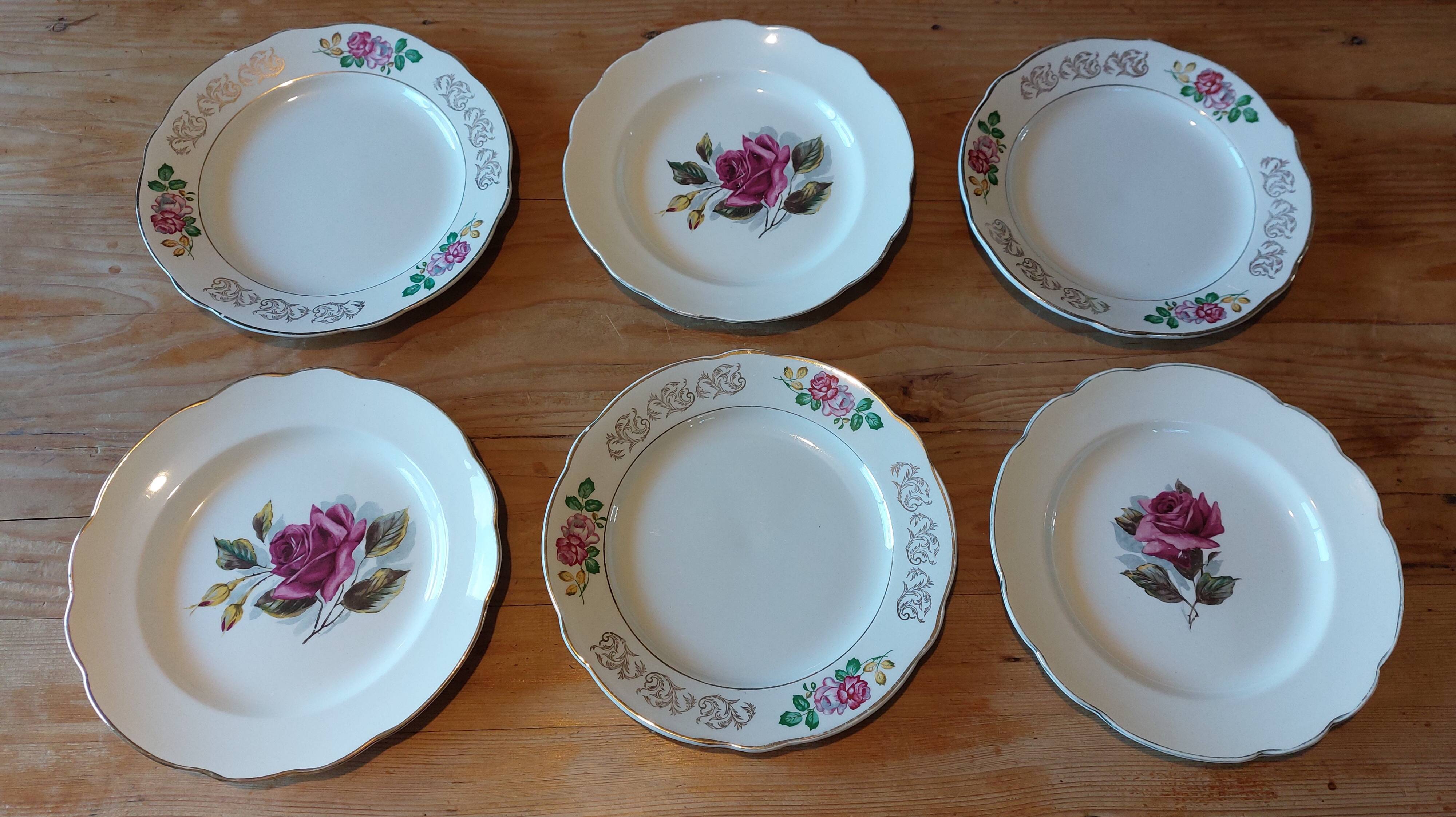 Mismatched set of 6 rose motif plates