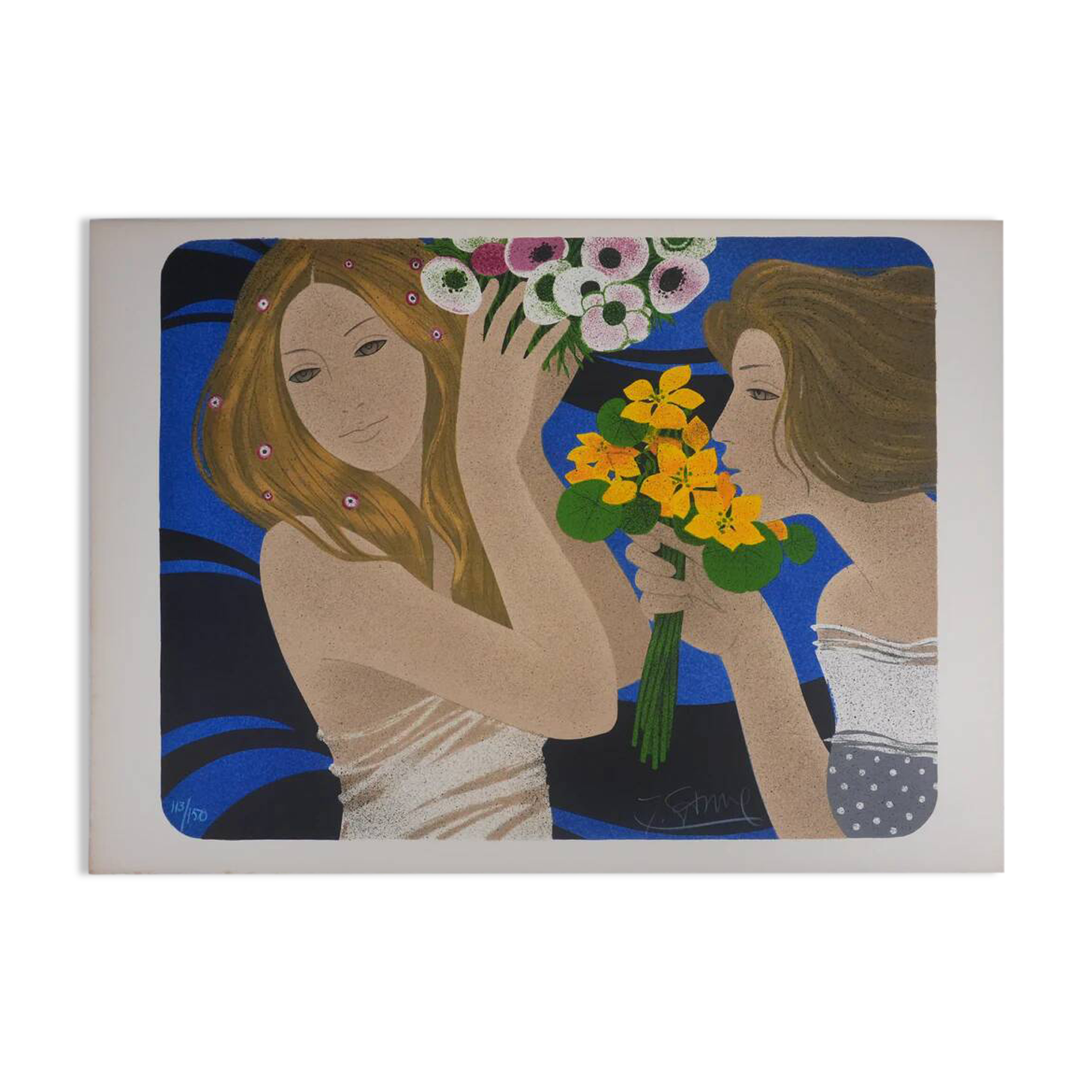 Yves Ganne: The Two Women with Bouquets, original signed lithograph