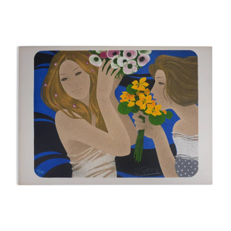 Yves Ganne: The Two Women with Bouquets, original signed lithograph