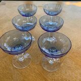 6 champagne glasses in blue glass and vintage transparent base