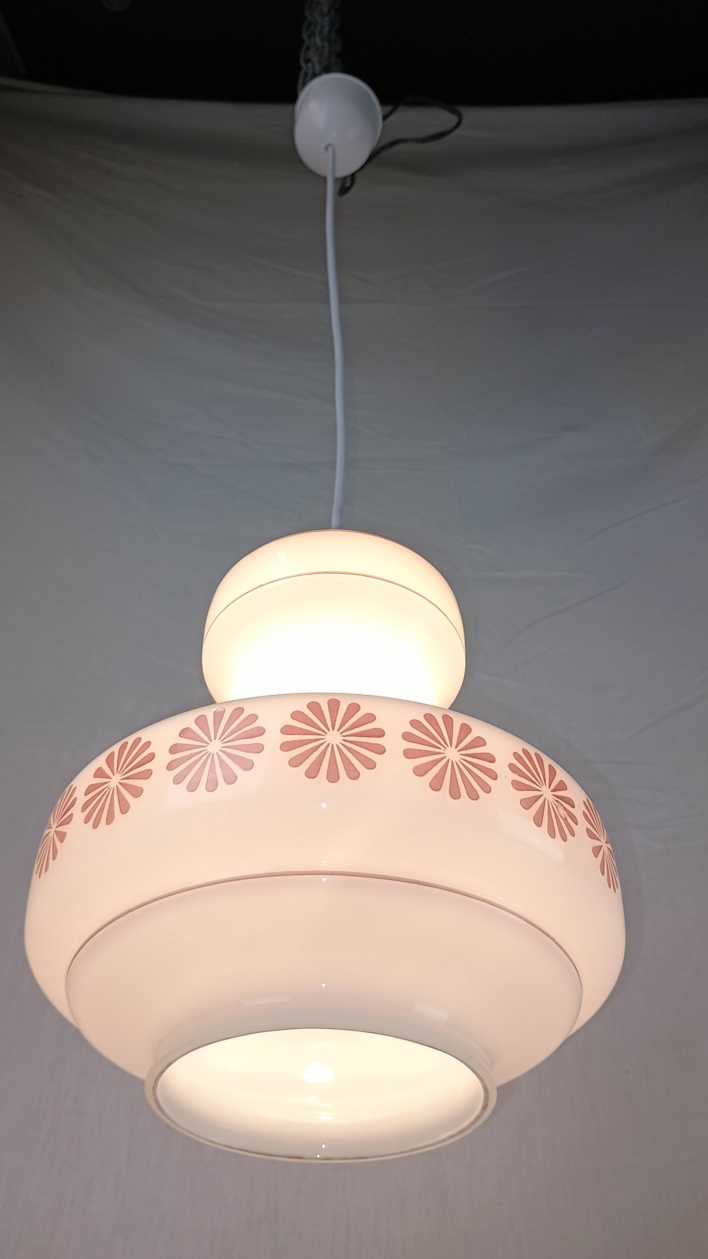 Vintage French pendant light in cream-white glass with pink flowers