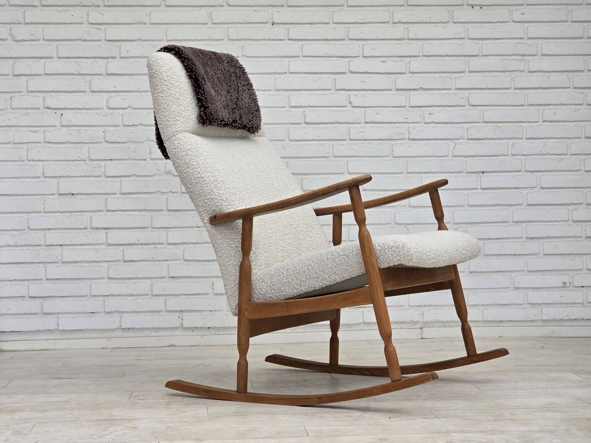 1970s, Scandinavian design, high-backed rocking chair, reupholstered.