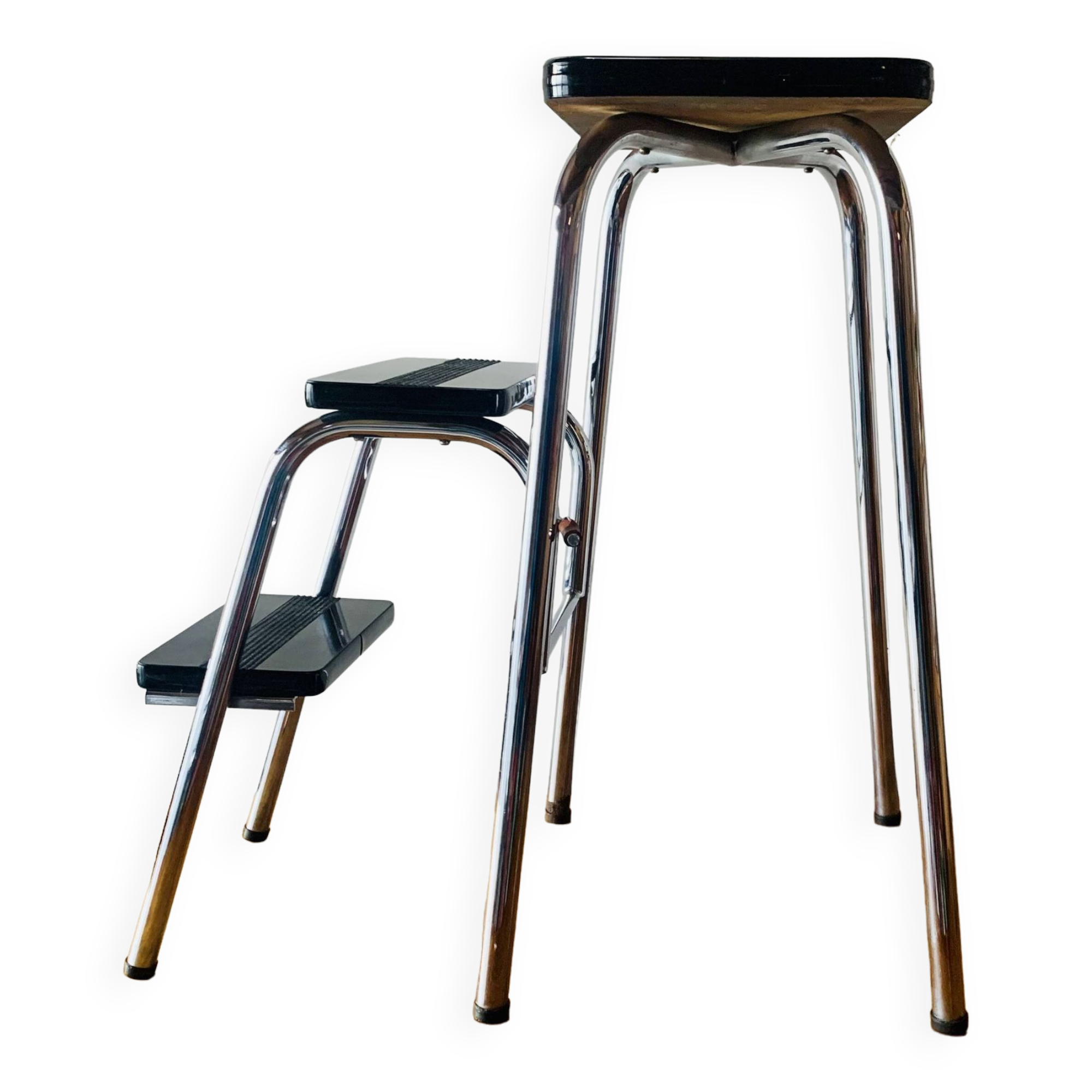 Tabouret escabeau vintage en formica noir et acier chromé