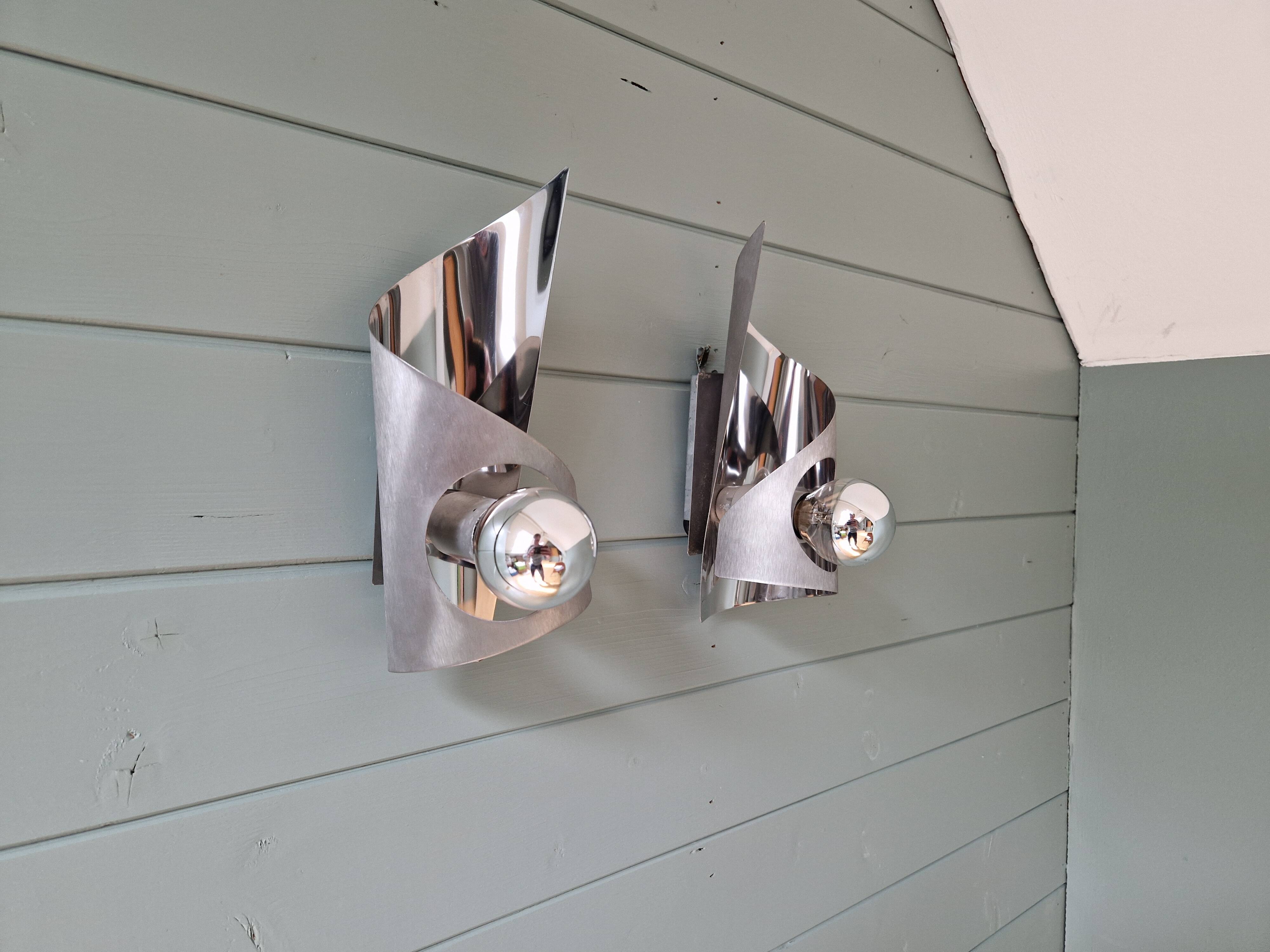 Pair of brushed aluminum wall lights, 1970s