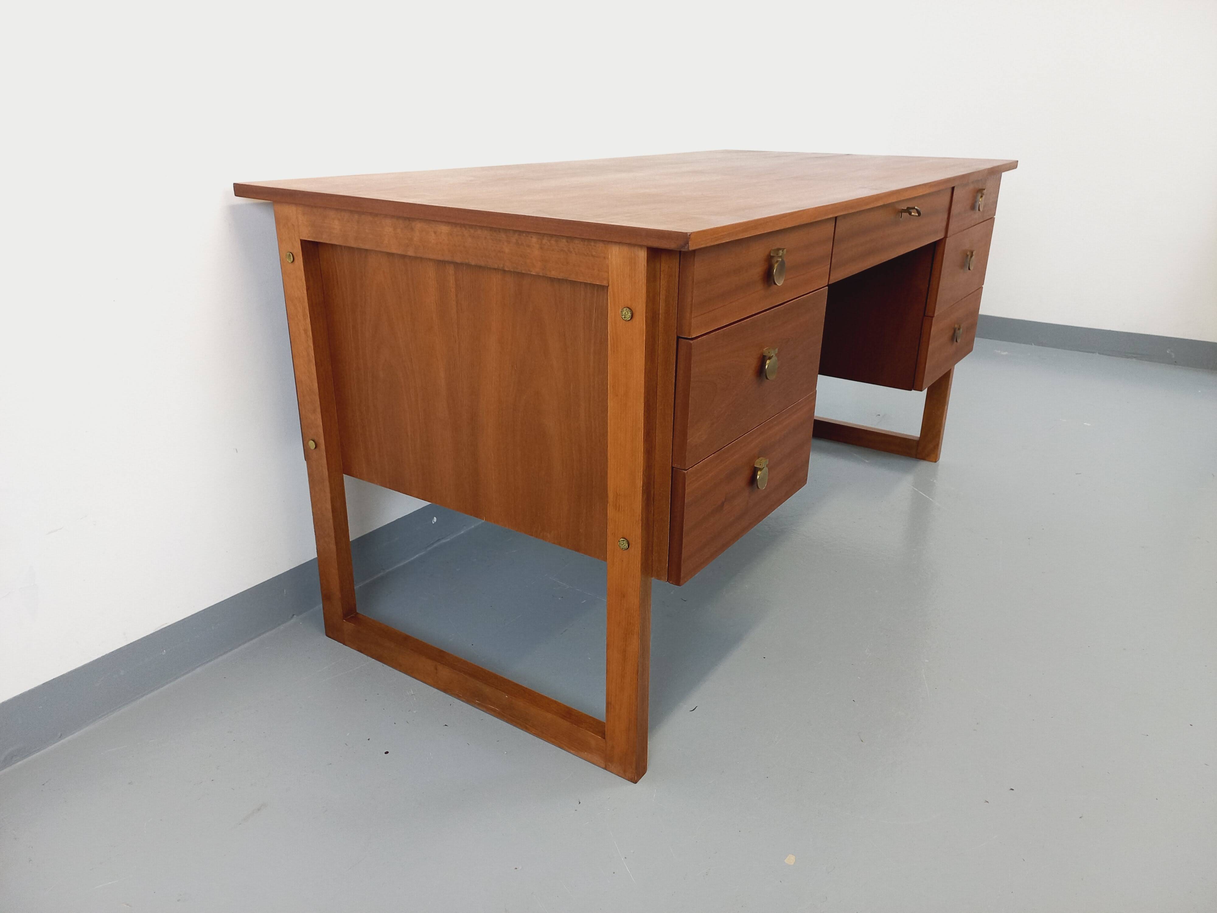 Double-sided executive desk sled legs vintage Scandinavian style in teak from the 60s