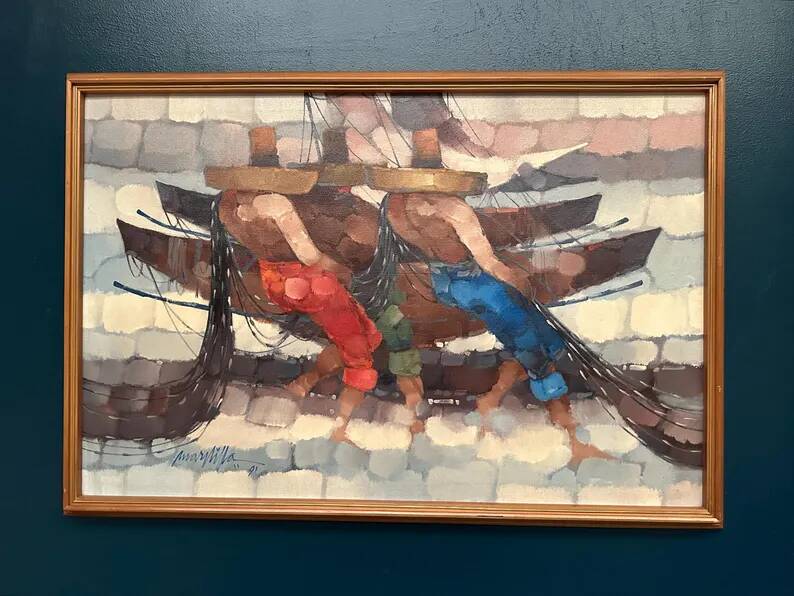 Swedish Oil on Panel"Fishermen" by Marylilla , Vintage and Framed