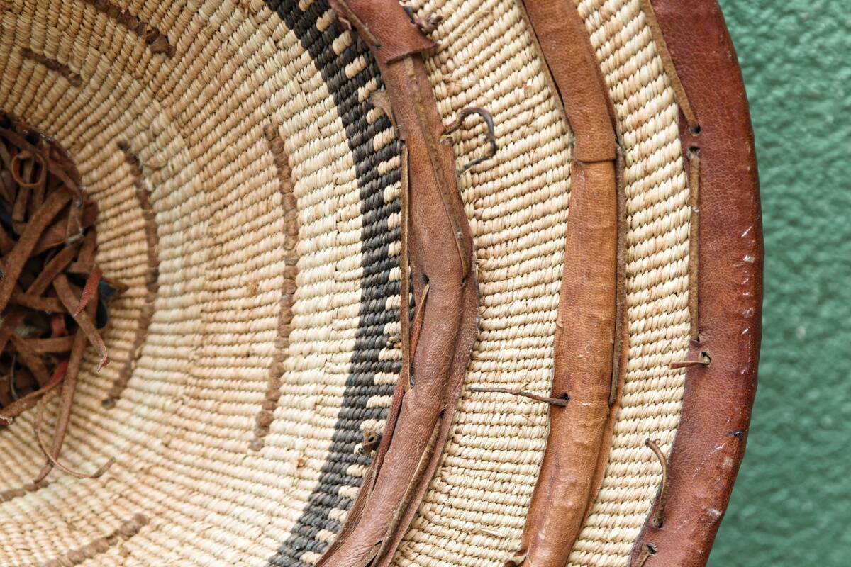Lot of 3 straw and leather hats, Fulani people, Mali
