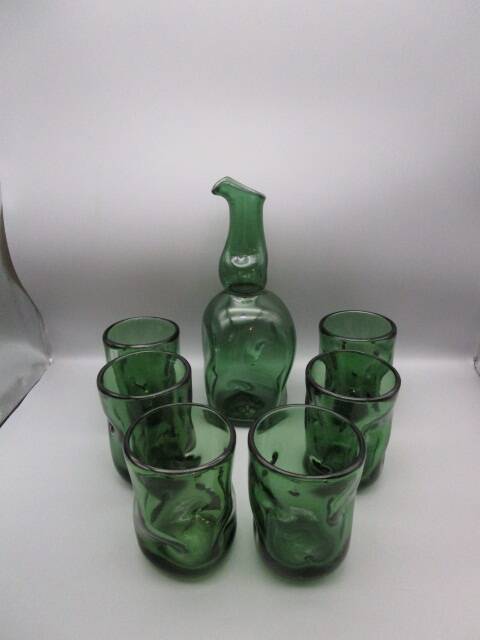 Carafe and 6 vintage Empoli glasses - 1960s