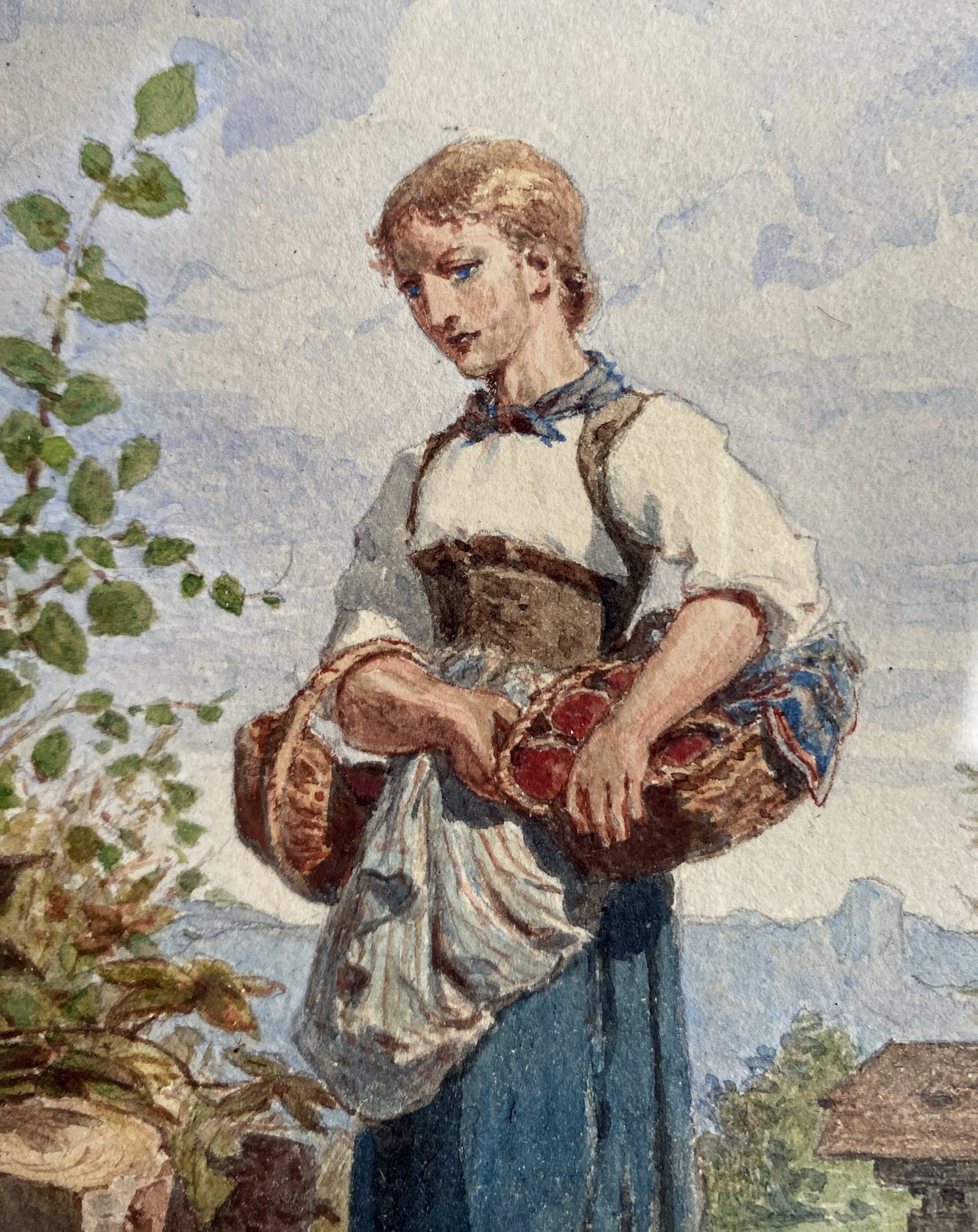 Watercolor Painting "Young Woman with Basket" Gustave Roux (1828-1885)