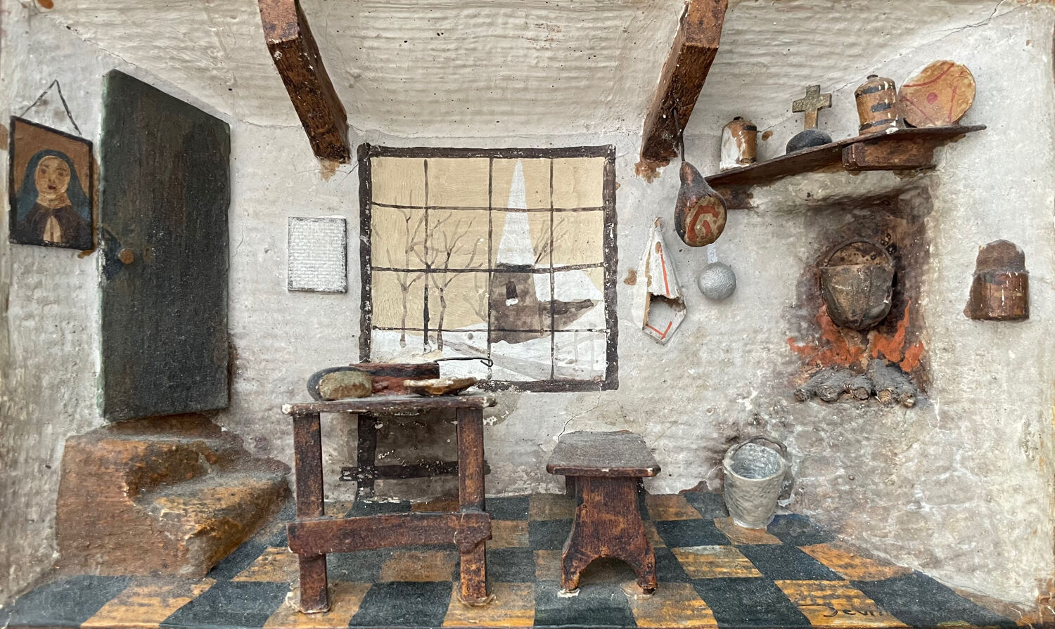 Old wooden model representing a late 19th, early 20th century kitchen