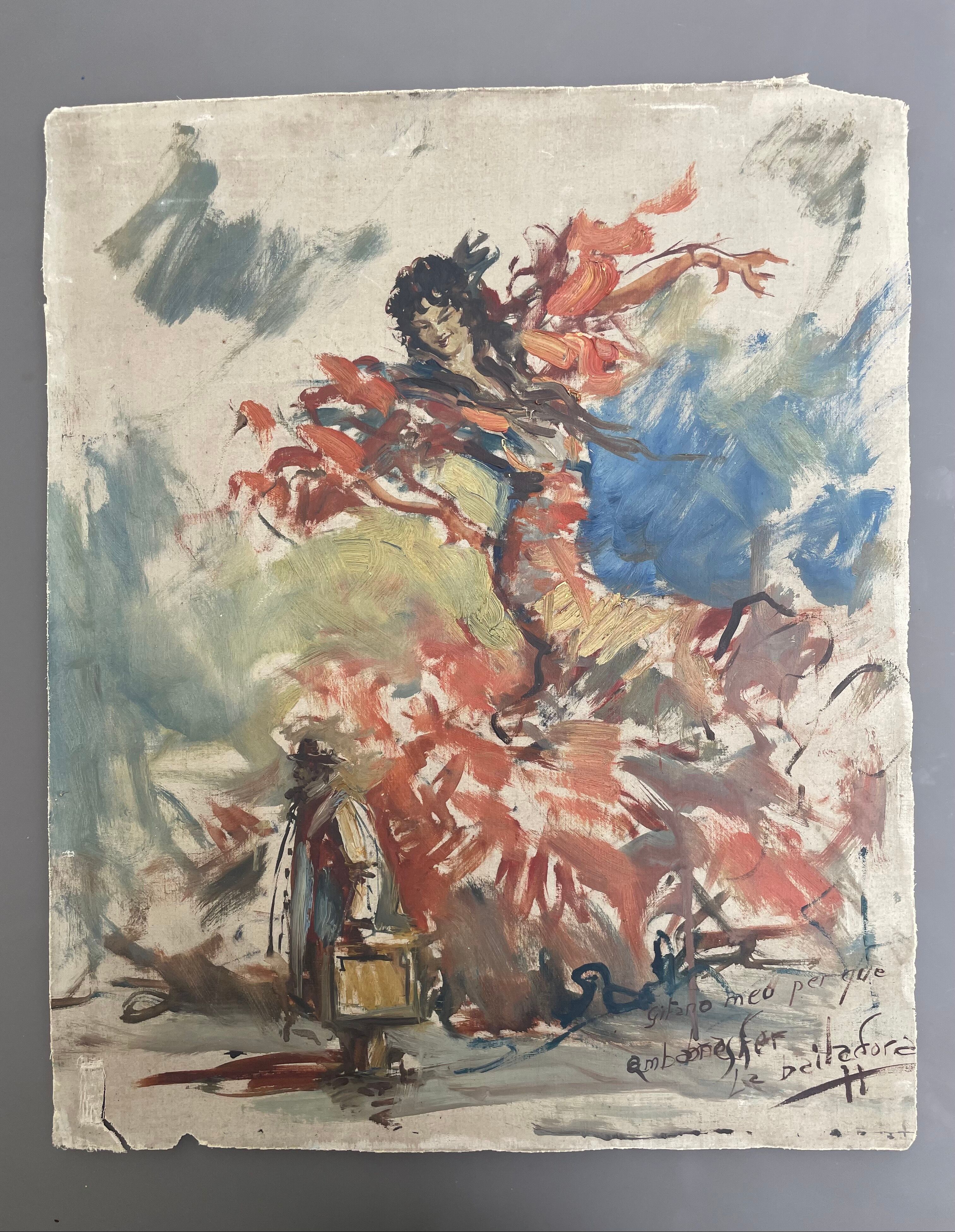 Painting old gypsy painting flamenco dancer La Baila Dora XXth