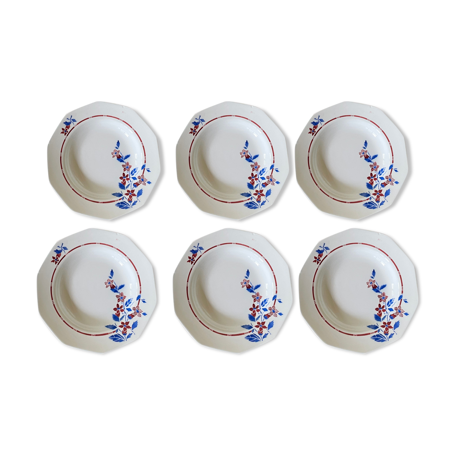 Saint Amand hollow plates decorated with red and blue flowers