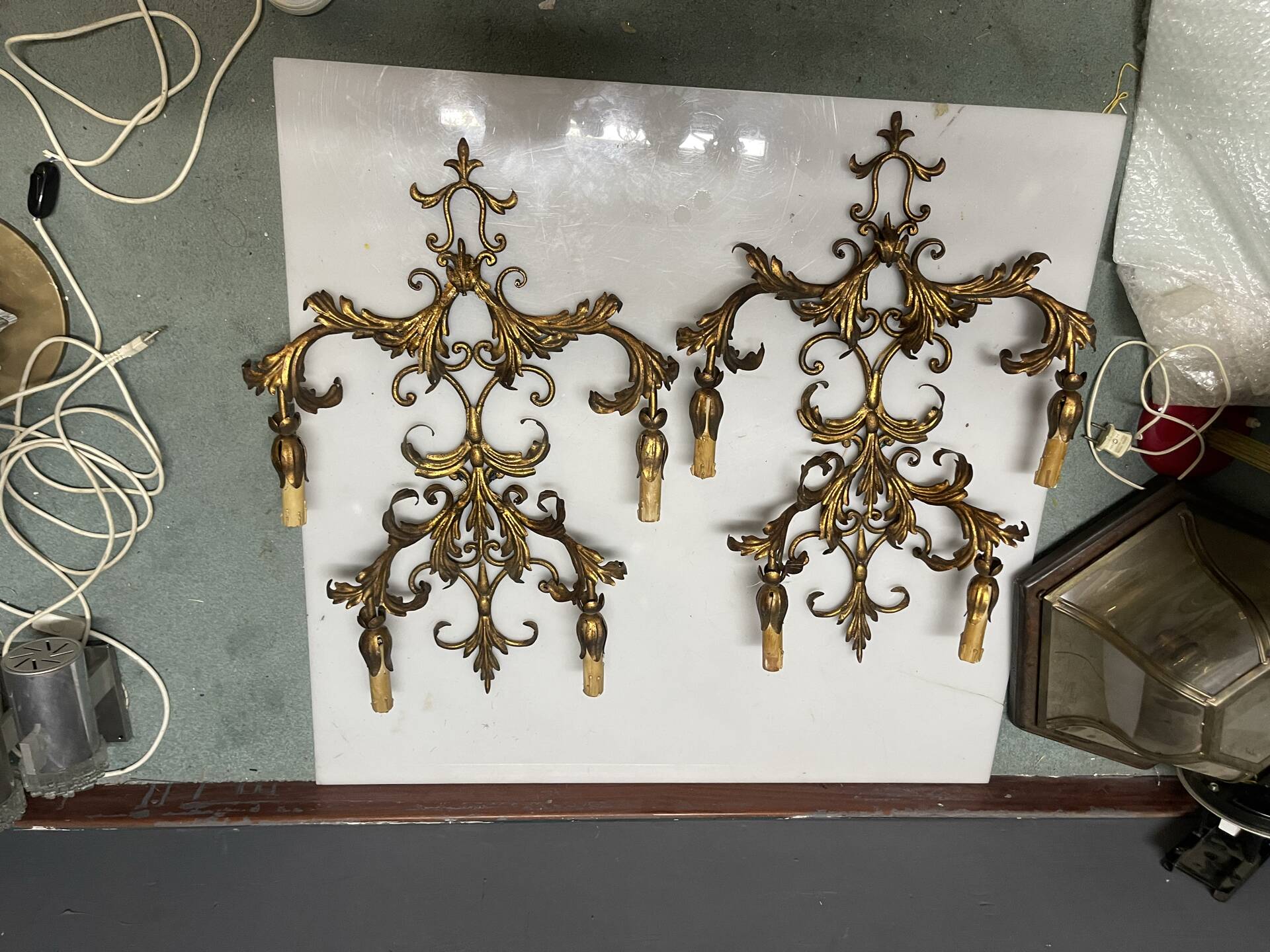 Large Italian Tole Gold Gilded Sconces Set of 2  1960’s 