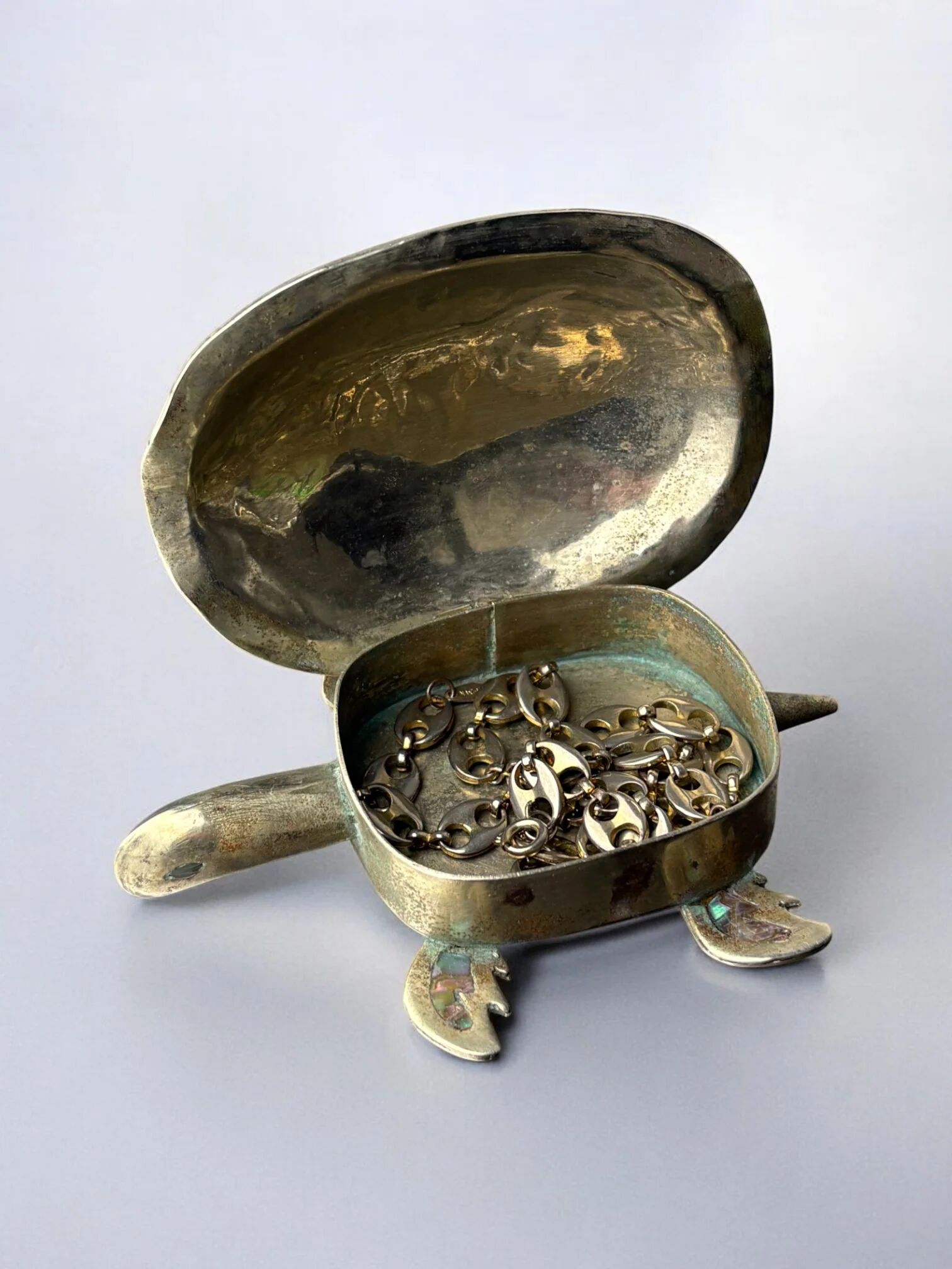 Abalone shell & alpaca silver turtle box, Mexico, 1970s