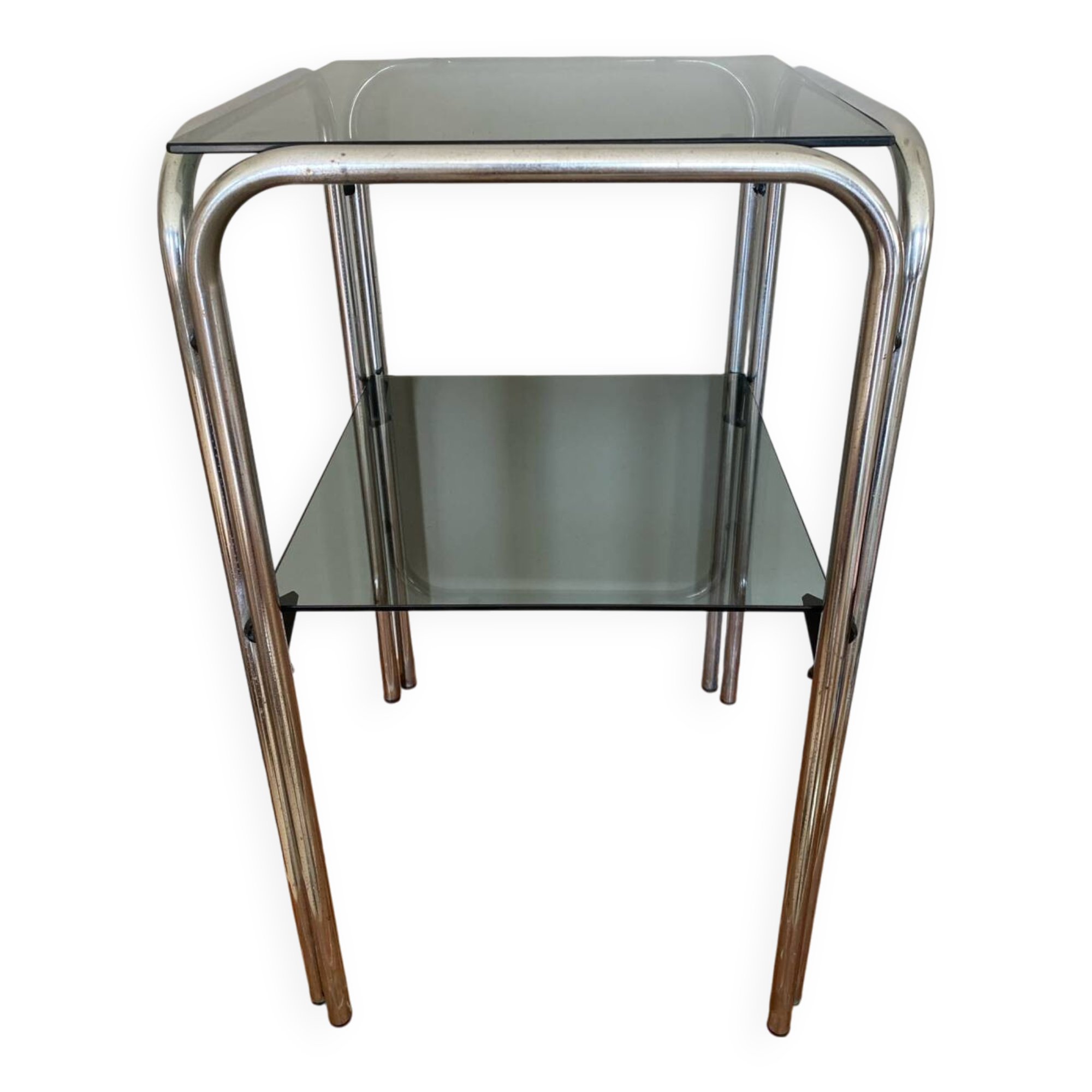 Chrome and smoked glass side table