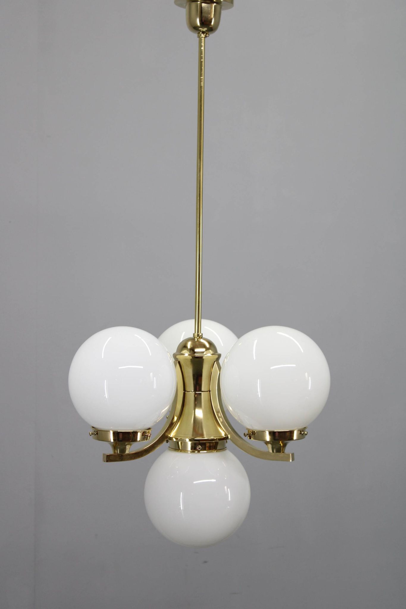 Art Deco brass chandelier with opaline glass, Czechoslovakia, 1930s