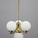 Art Deco brass chandelier with opaline glass, Czechoslovakia, 1930s