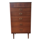 Commode haute Mid-Century en teck marron avec tambour et 5 tiroirs, pieds fuselés