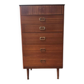 Commode haute Mid-Century en teck marron avec tambour et 5 tiroirs, pieds fuselés