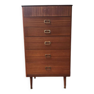 Mid-Century high chest of drawers in brown teak with a tambour and 5 drawers, tapered legs.