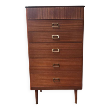 Commode haute Mid-Century en teck marron avec tambour et 5 tiroirs, pieds fuselés