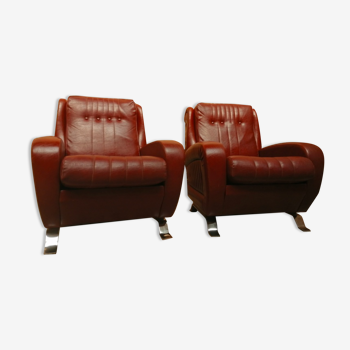 Couple of armchairs in burgundy red imitation leather, 70 years