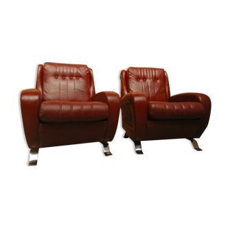 Couple of armchairs in burgundy red imitation leather, 70 years