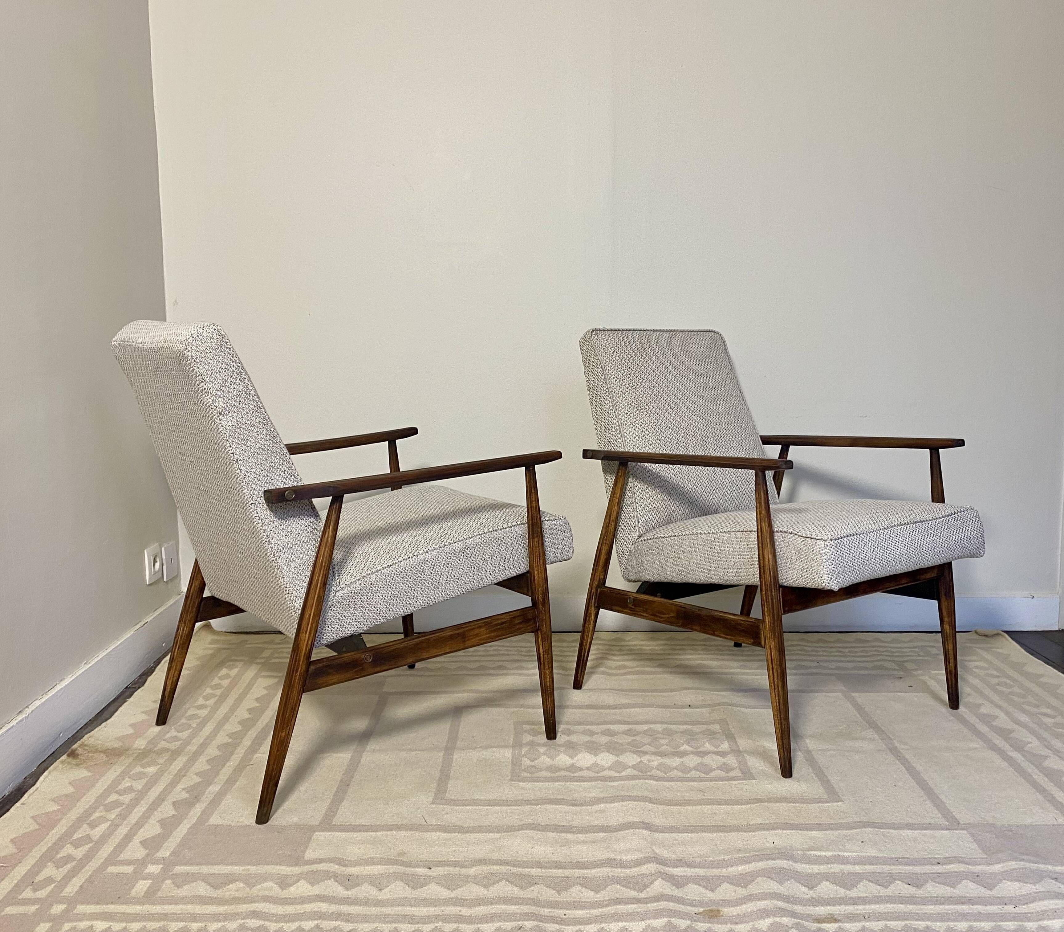 Pair of Henryk Lis 300-190 armchairs in mottled blue-grey fabric, 1970s