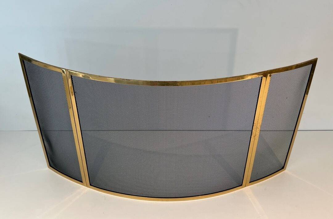 Curved Three-Panel Fire Screen in Polished Brass and Black Grille, in Style of