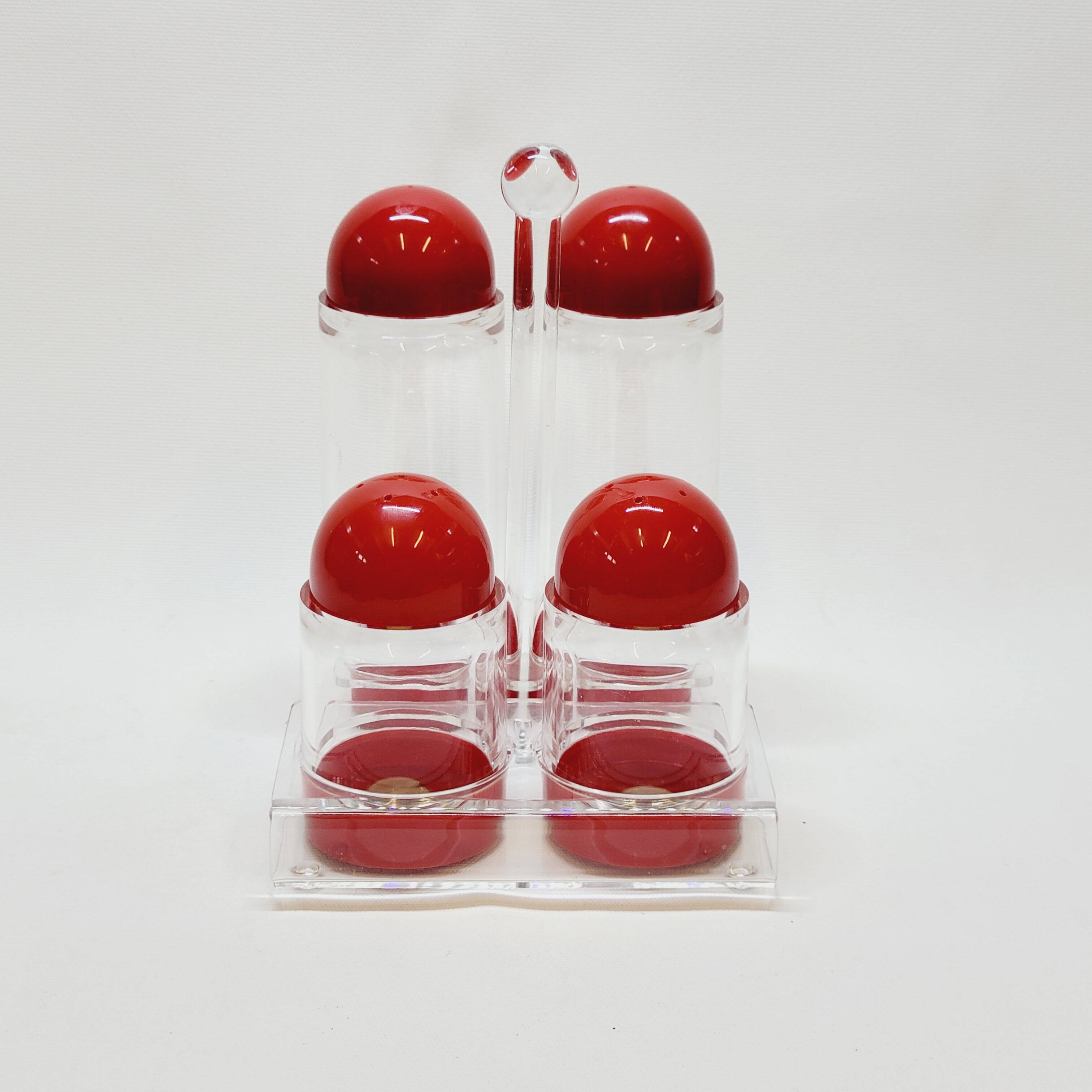 Condiment service oil vinegar salt pepper vintage plexi and red plastic