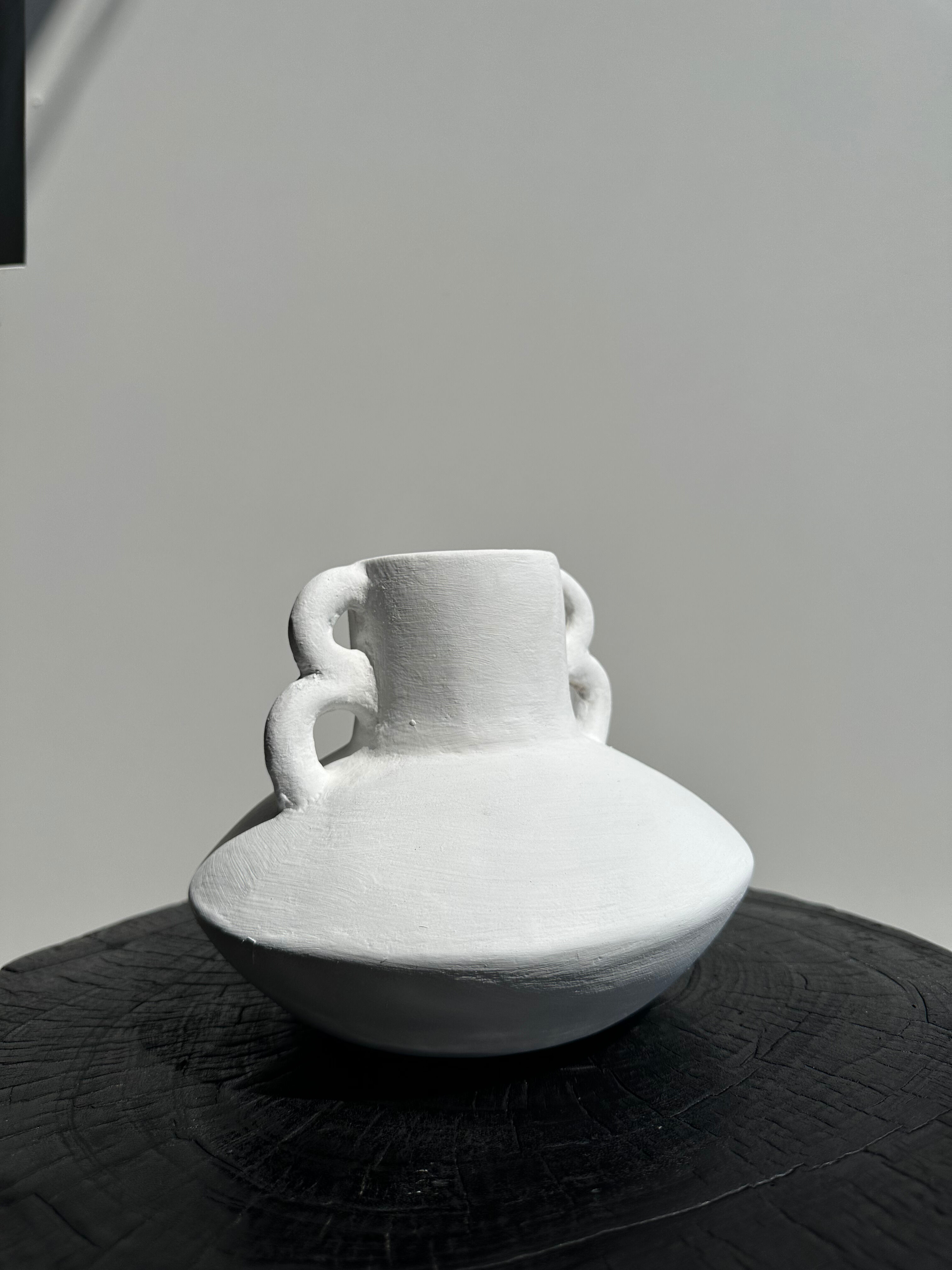 Handmade terracotta vase painted white with double handles H:16 D:20