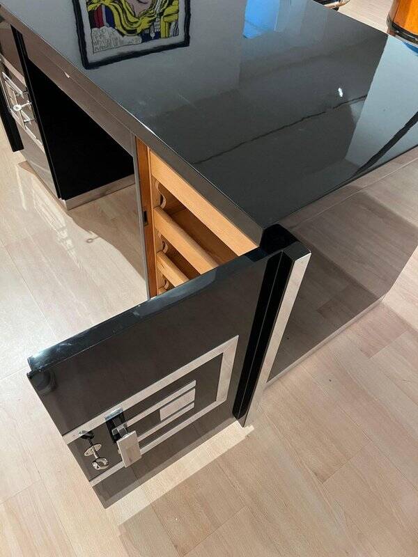 Art Deco Desk in Black Lacquer, Walnut & Metal, France, 1930s-1940s