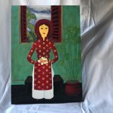 Tableau huile scène d'intérieur japonais
