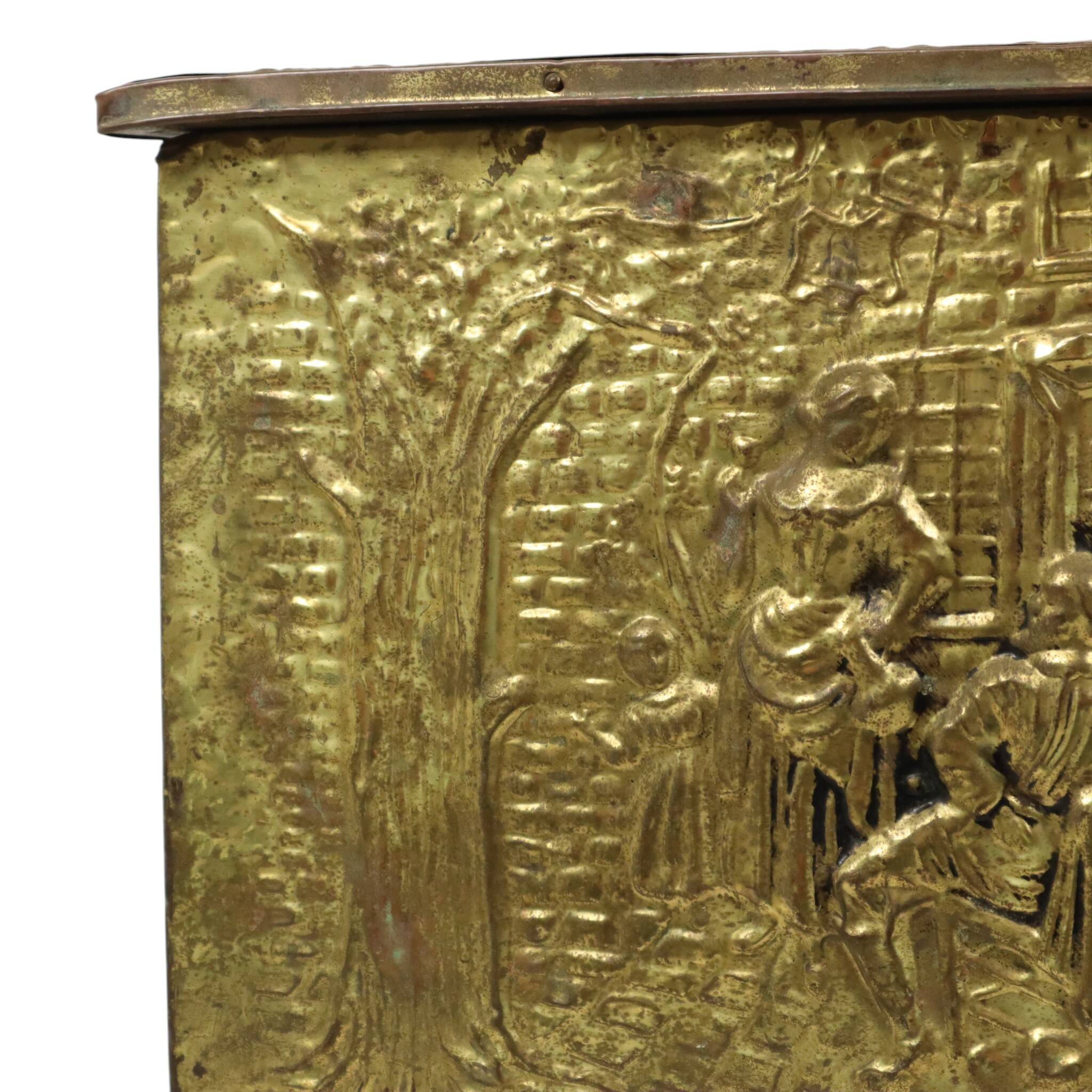 Large Repoussé Chest Coal Fireplace Brass Wood Early 20th Century