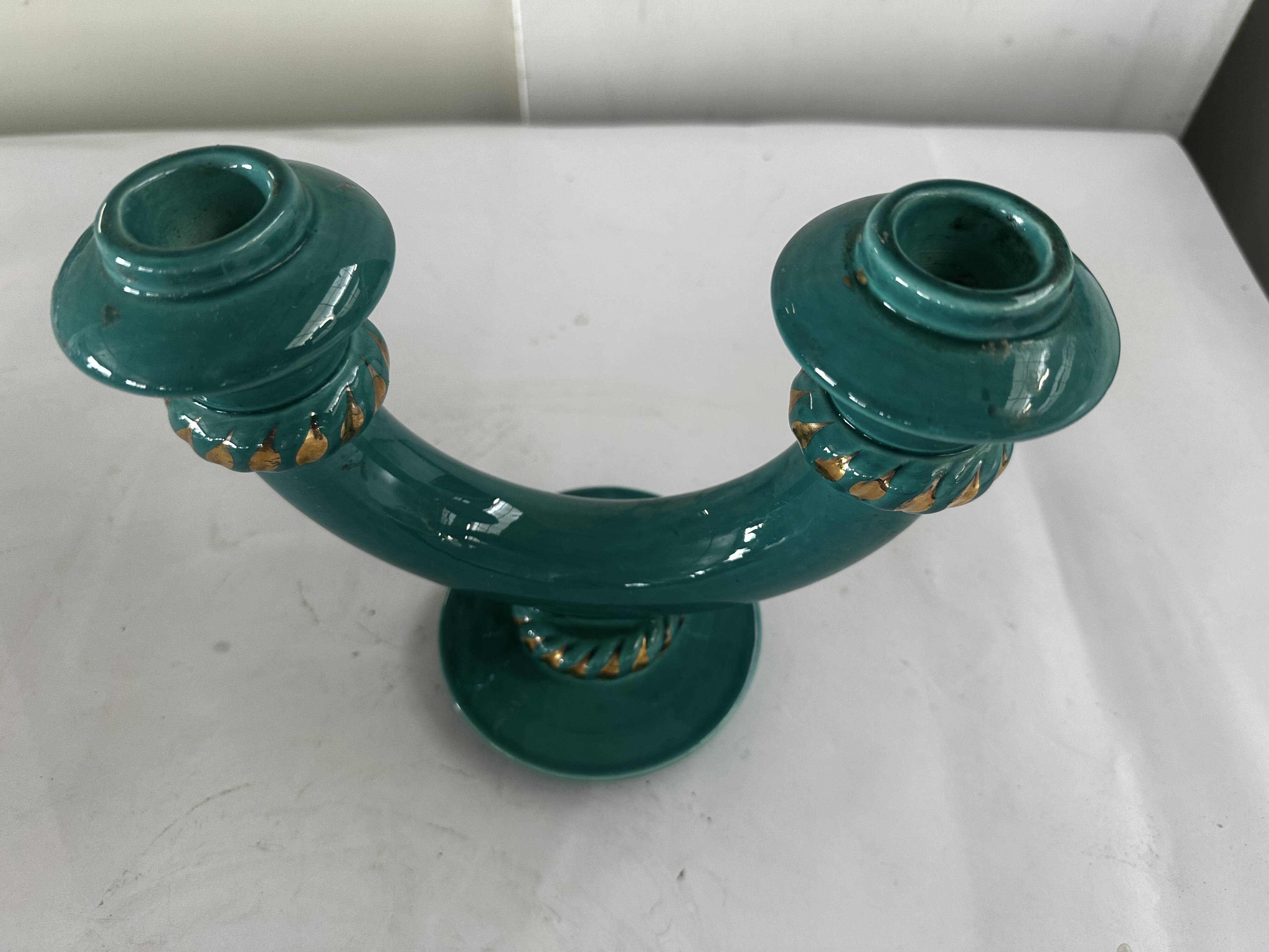 Art Deco candlestick in green and gold glazed ceramic, attributed to Vallauris