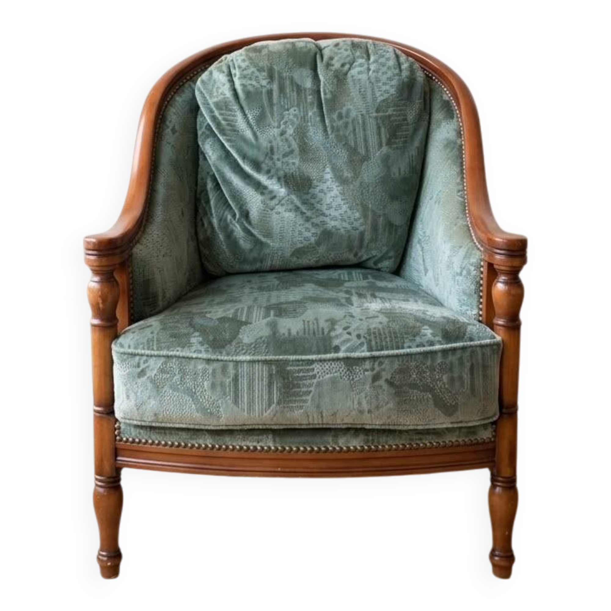 Antique bergère armchair in wood and green velvet