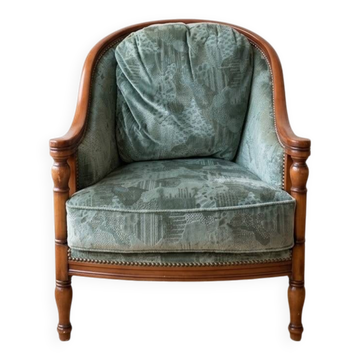 Antique bergère armchair in wood and green velvet