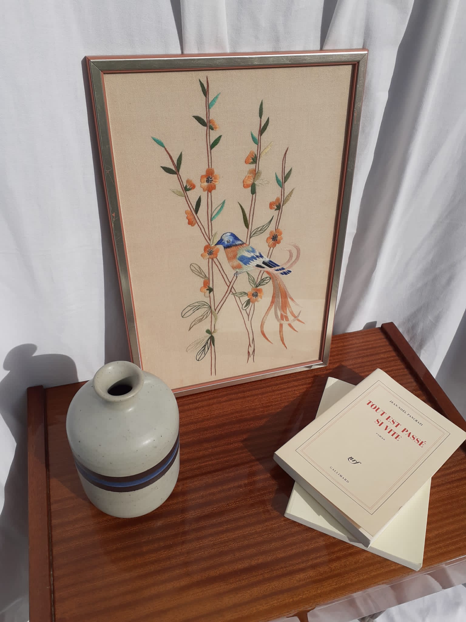 Embroidered picture blue and orange bird