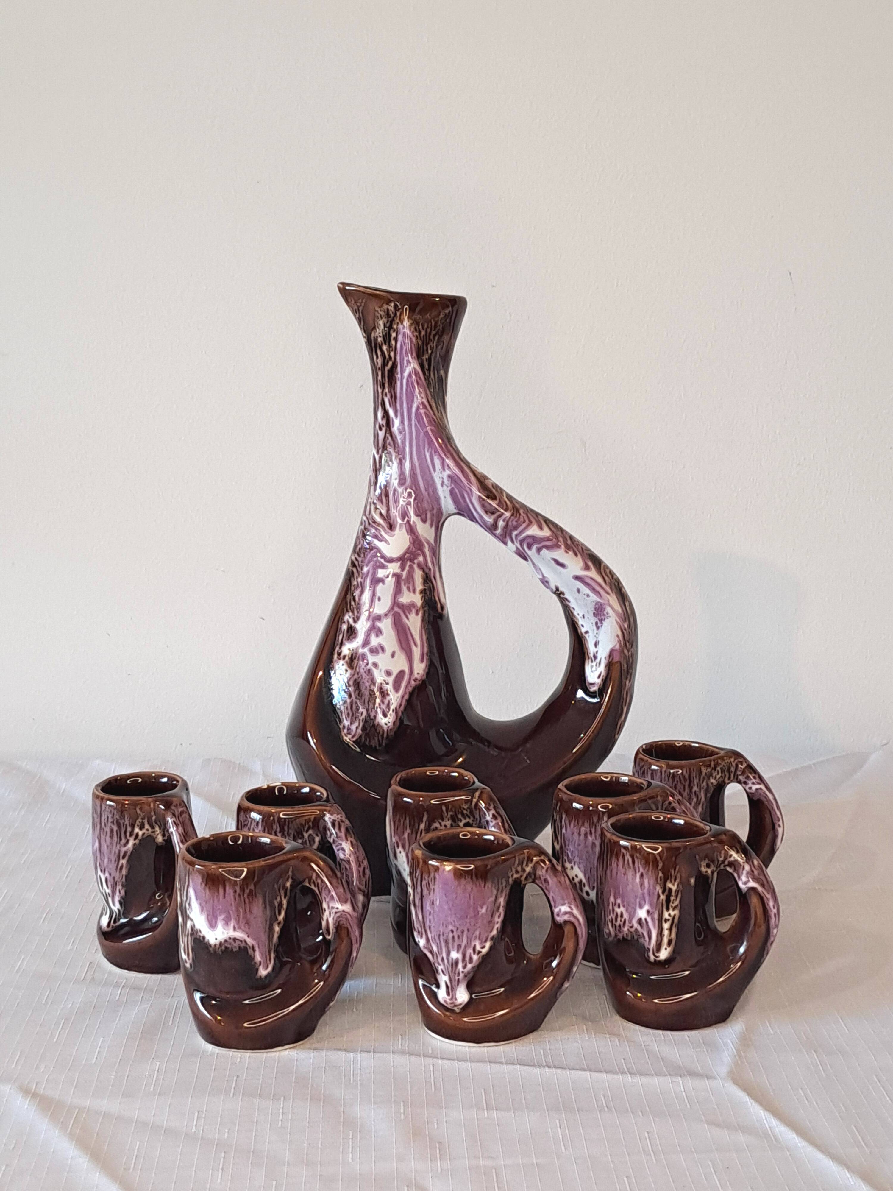 Vintage liqueur set - brown & purple glazed ceramic - 1970s