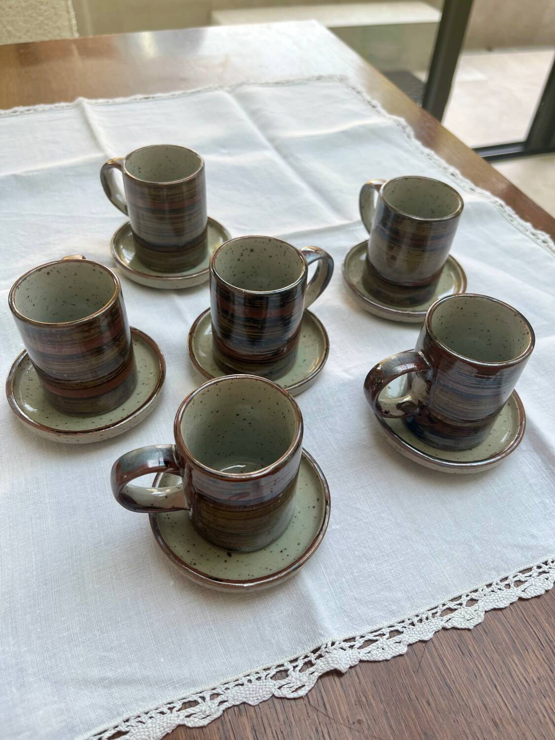 Vintage Rustic Stoneware Coffee Set - 6 Cups + 6 Saucers