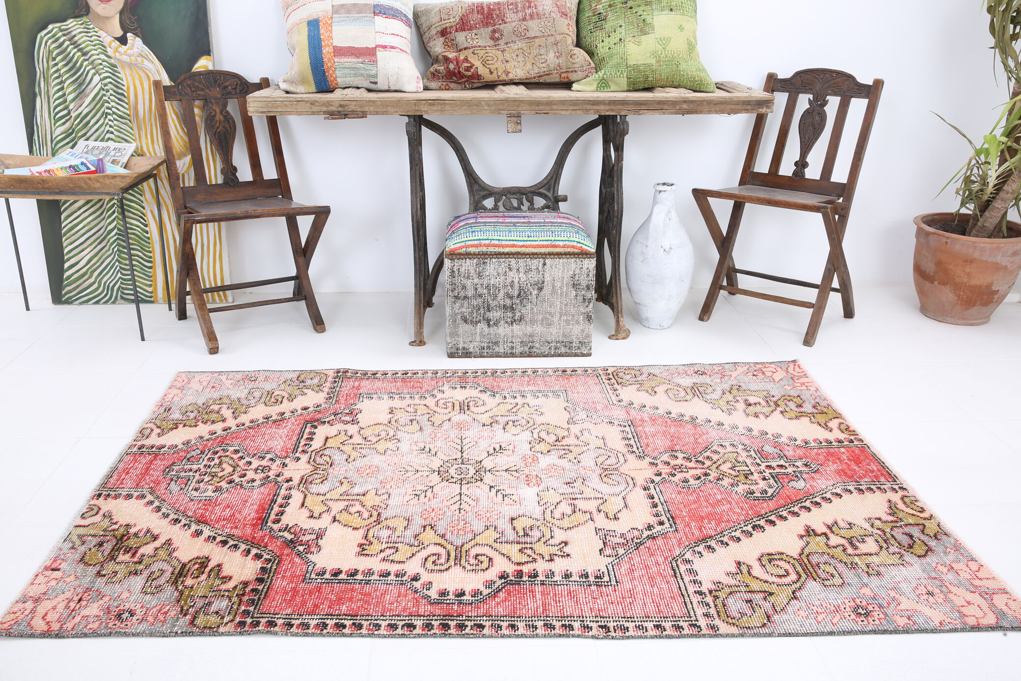 4x6 red turkish vintage rug, 4x6 handmade vintage rug