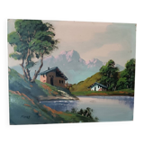 Oil painting on faesite from the 50s signed roos mountain landscape