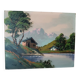 Peinture à l'huile sur faesite années 50 signée roos paysage de montagne