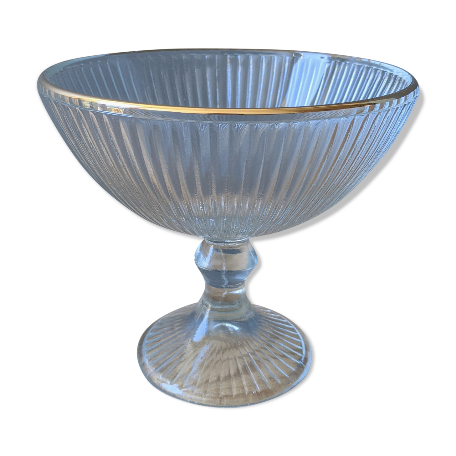 Vintage glass fruit cup on foot golden border shower