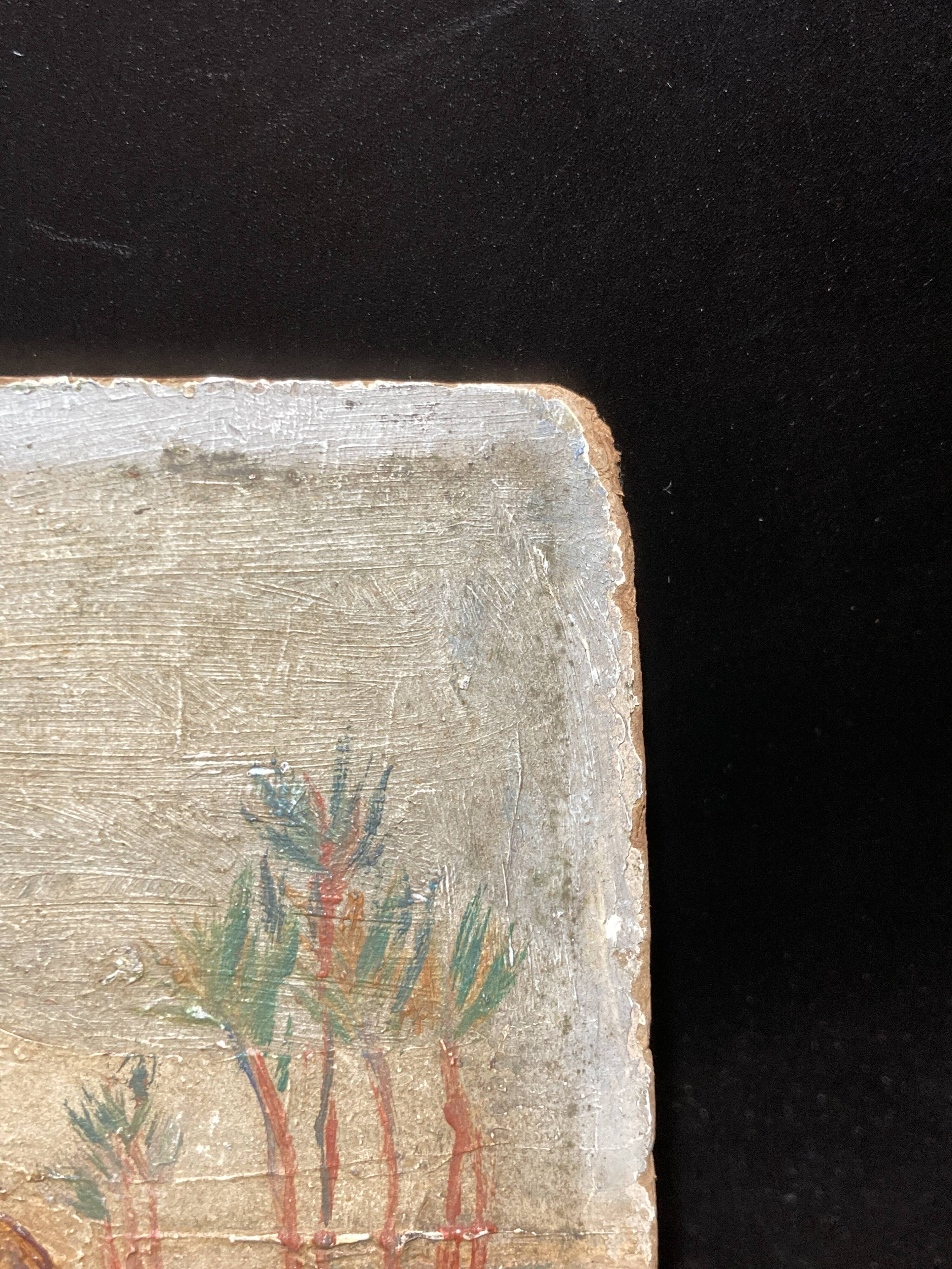 Oil on wood representation of camels.