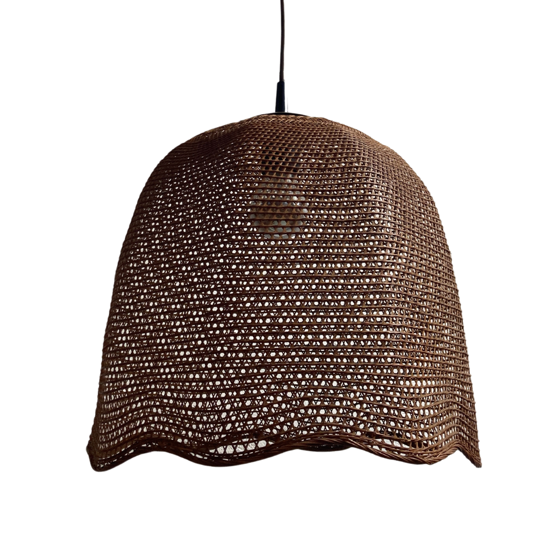 Rattan wicker webbing beehive pedant hanging lamp with brass, Dutch 1960s